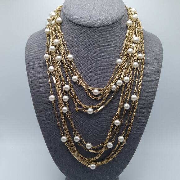 Vintage 1960s Faux Pearl Ten Strand Gold Tone Necklace - Picture 5 of 10